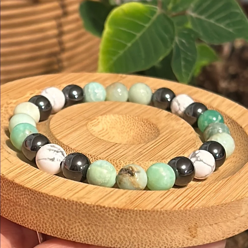 Handmade Chrysoprase + Howlite + Hematite Grounding Beaded Bracelet